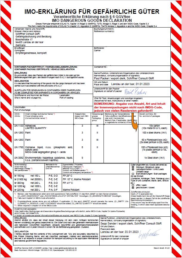 70758 Gefahrgut See - Blanco-Formular zur Erstellung der IMO Erklärung – Bild 1
