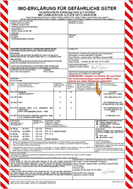 Gefahrgut See - Blanco-Formular zur Erstellung der IMO Erklärung