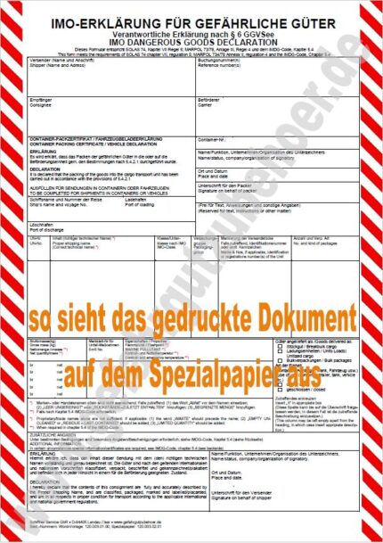 Gefahrgut See - Word-Dokumentenvorlage zur Erstellung der IMO Erklärung