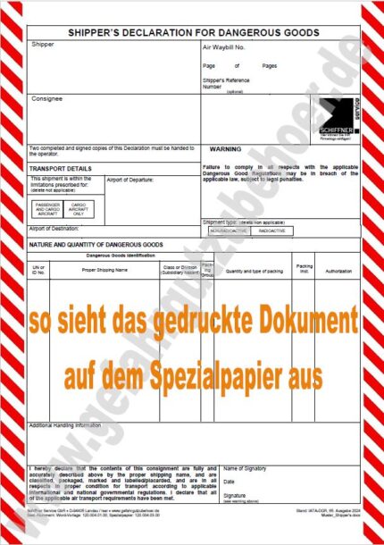 Gefahrgut Luft - Word-Dokumentenvorlage zur Erstellung der shipper´s declaration